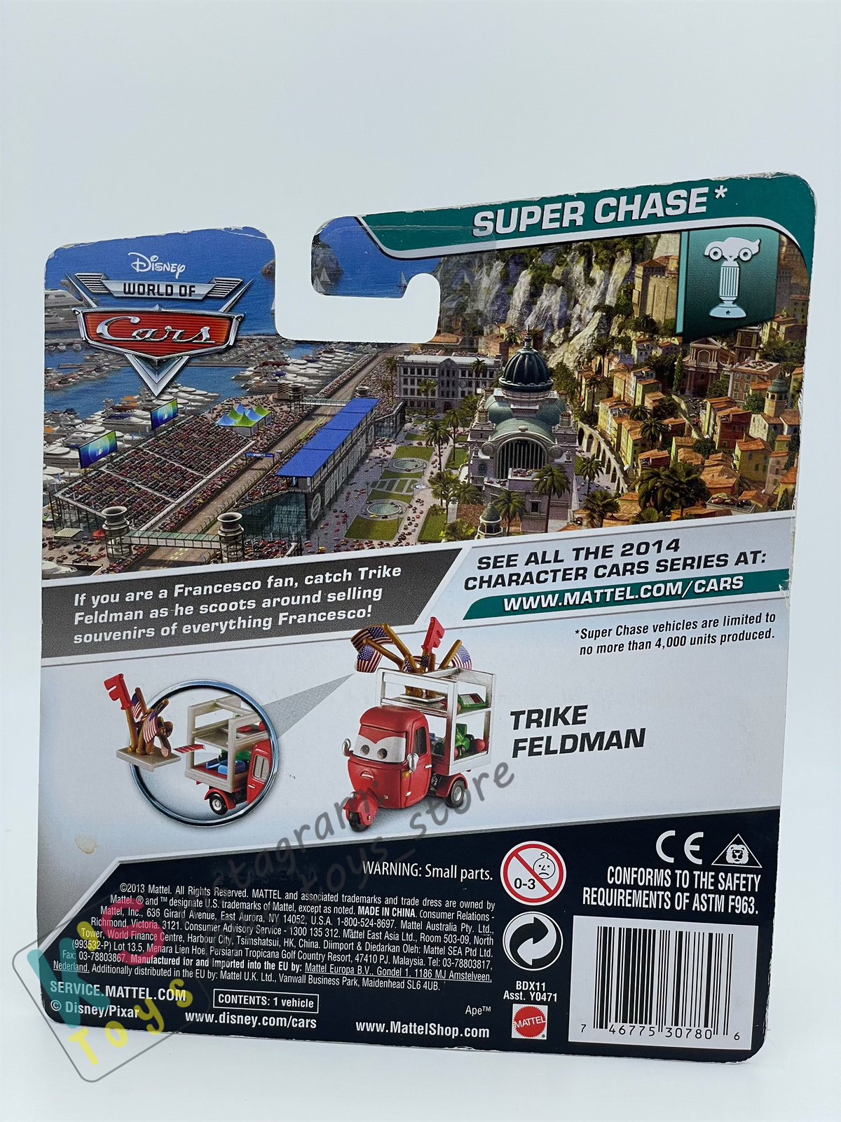 DISNEY PIXAR CARS BY MATTEL 1:55, TRIKE FELDMAN - SUPER CHASE SERIES - BNIP