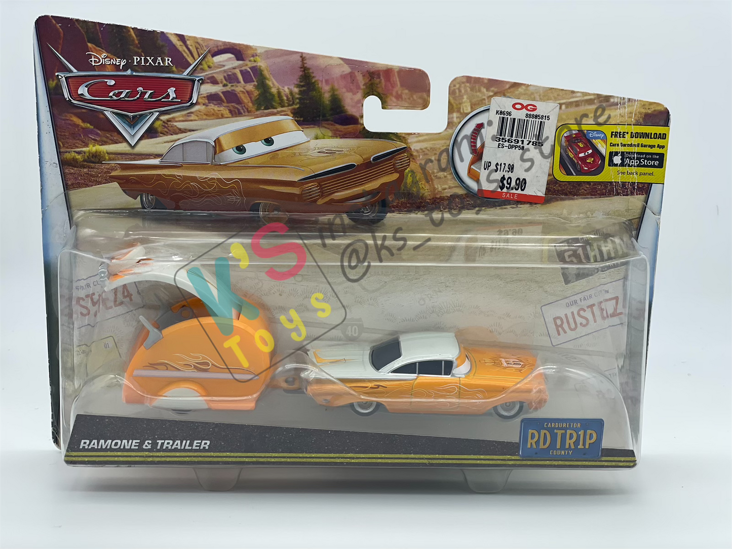 DISNEY PIXAR CARS BY MATTEL, ROAD TRIP RAMONE WITH TRAILER - ROAD TRIP SERIES - BNIP **BLISTER CRACKED