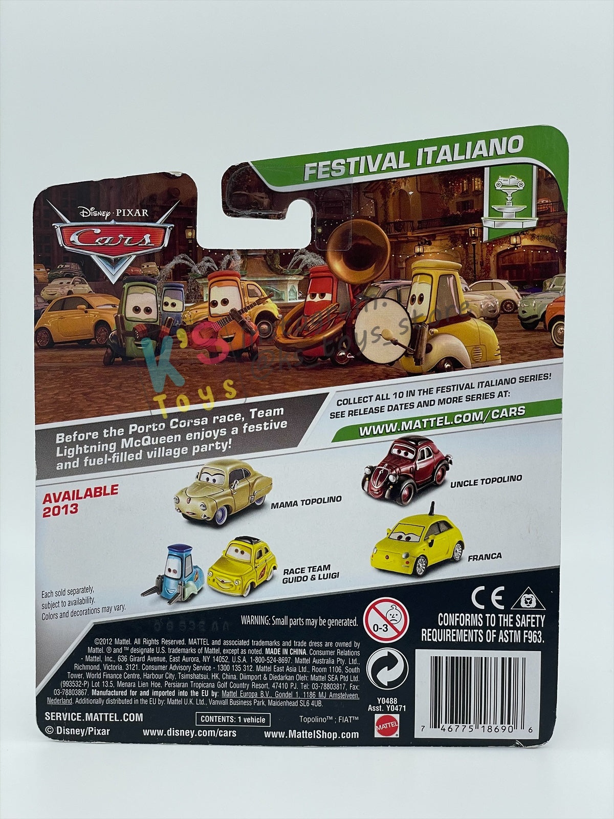 DISNEY PIXAR CARS 1:55 BY MATTEL, FRANCA - FESTIVAL ITALIANO SERIES - BNIP