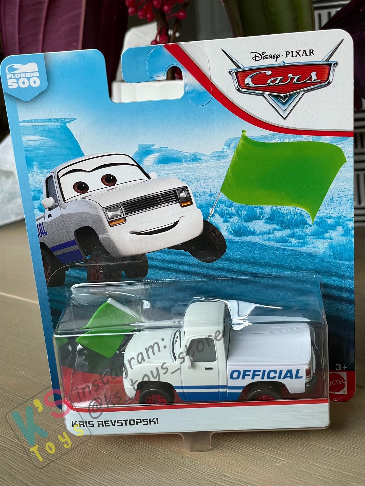 DISNEY PIXAR CARS BY MATTEL, KRIS REVSTOPSKI WITH GREEN FLAG - FLORIDA 500 - BNIP