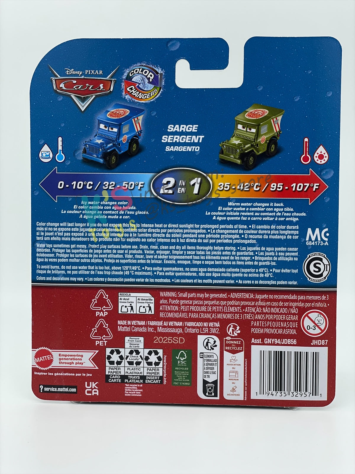 COLOR CHANGERS Disney Pixar Cars by MATTEL, RACE AND RESCUE SARGE (BLUE / OLIVE GREEN) - 2026 NEW RELEASE - BNIP