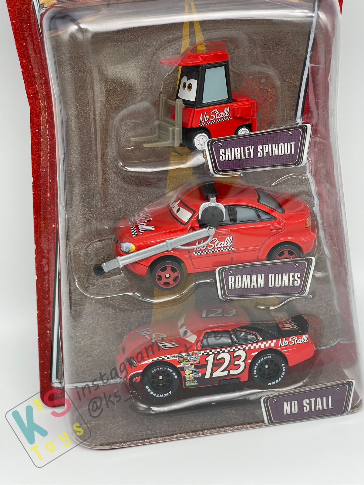 DISNEY PIXAR CARS 3 PACK TEAM NO STALL GIFT PACK "SHIRLEY SPINOUT, ROMAN DUNES, AND NO STALL" - BNIP