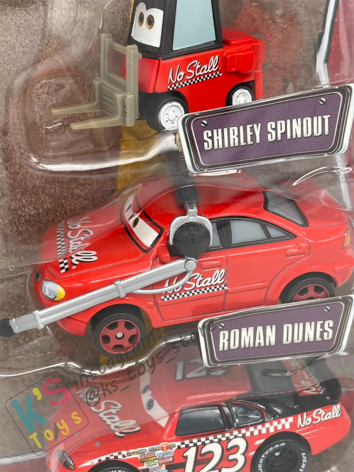 DISNEY PIXAR CARS 3 PACK TEAM NO STALL GIFT PACK "SHIRLEY SPINOUT, ROMAN DUNES, AND NO STALL" - BNIP