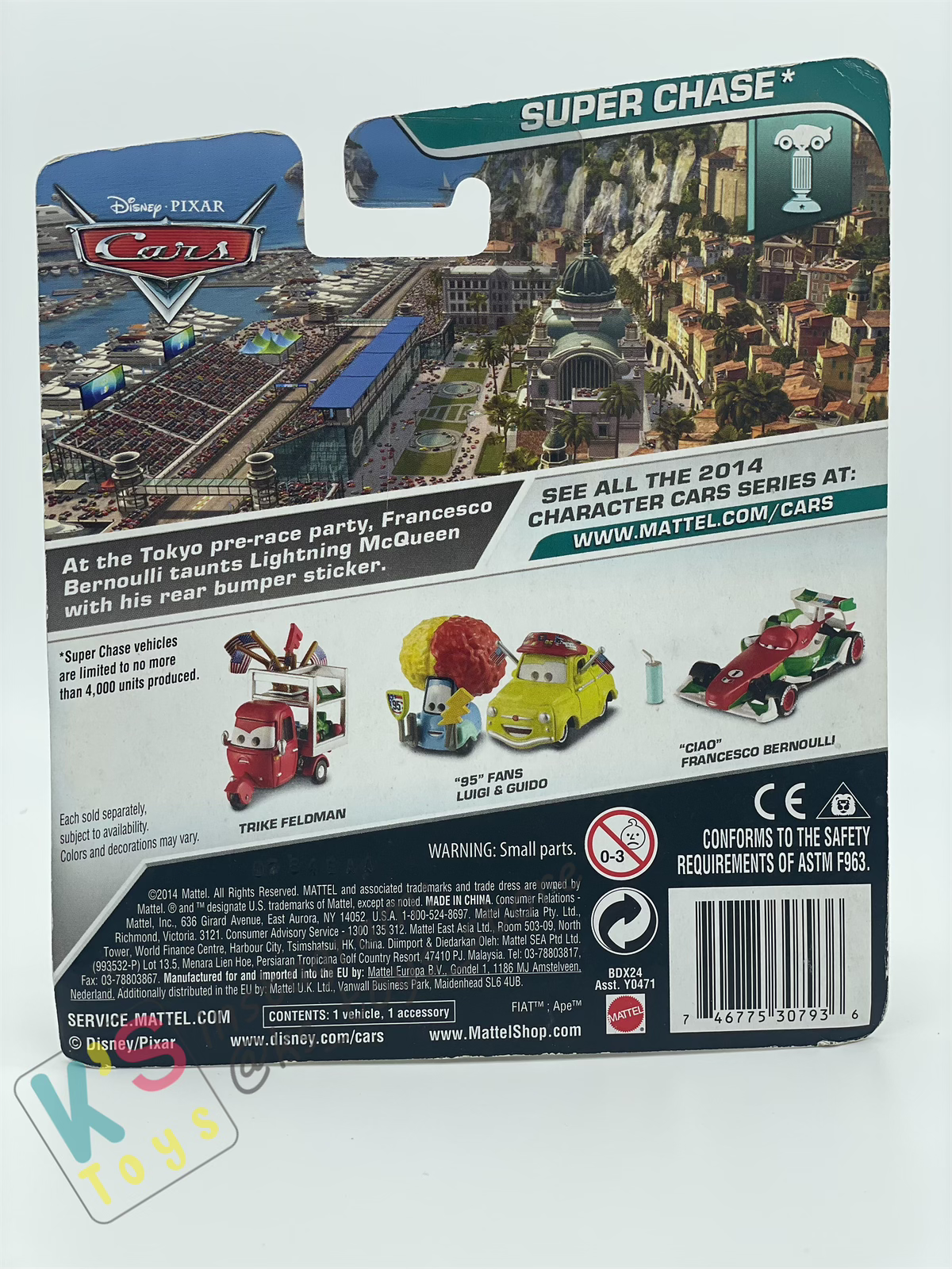 Disney Pixar Cars 1:55 by MATTEL, CIAO FRANCESCO BERNOULLI, SUPER CHASE - BNIP