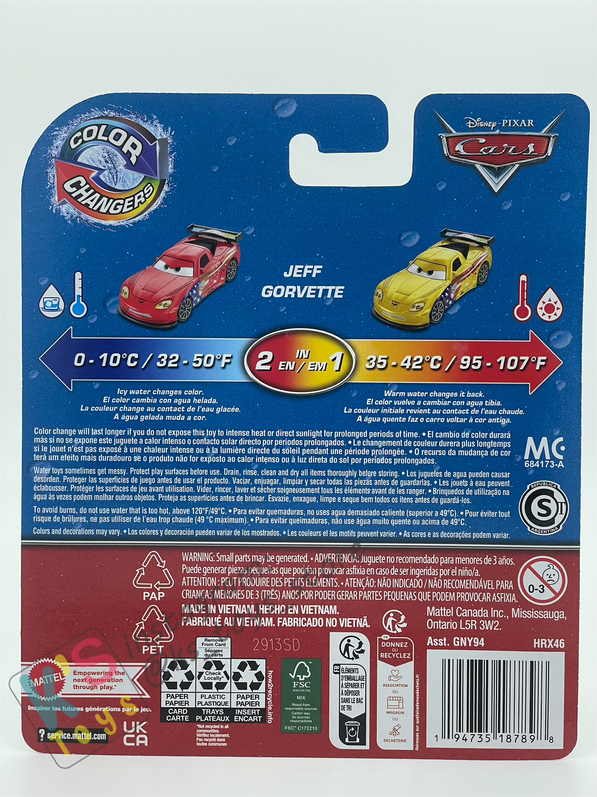 COLOR CHANGERS Disney Pixar Cars by MATTEL, JEFF GORVETTE (RED/YELLOW) - 2023 RELEASE - BNIP