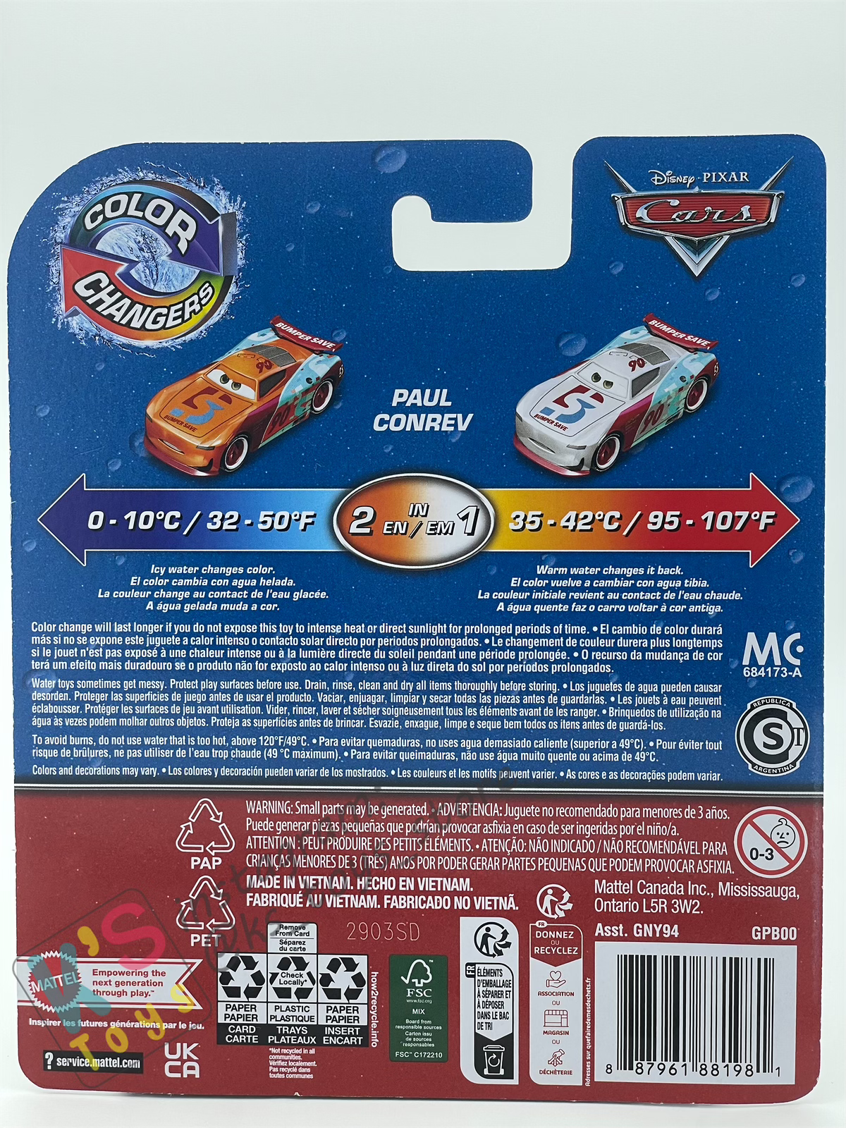 COLOR CHANGERS Disney Pixar Cars by MATTEL, PAUL CONREV (ORANGE/WHITE) - 2023 RELEASE - BNIP