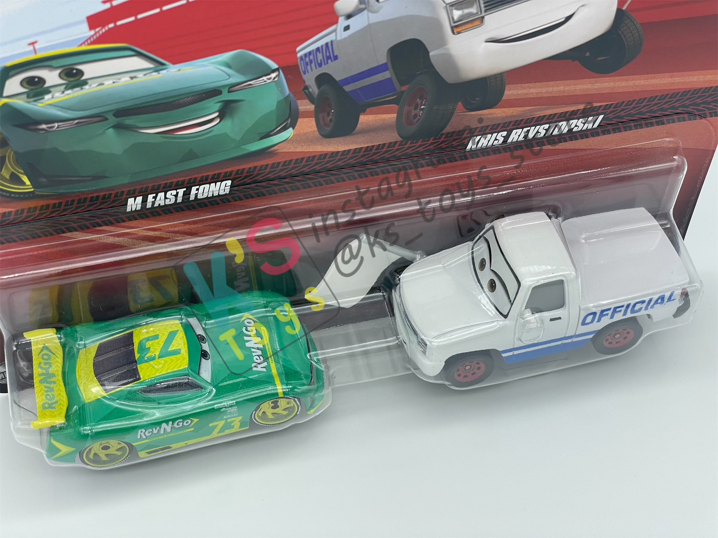 Disney Pixar Cars 1:55 2-Pack by Mattel, M FAST FONG and KRIS REVSTOPSKI with White Flag - BNIP