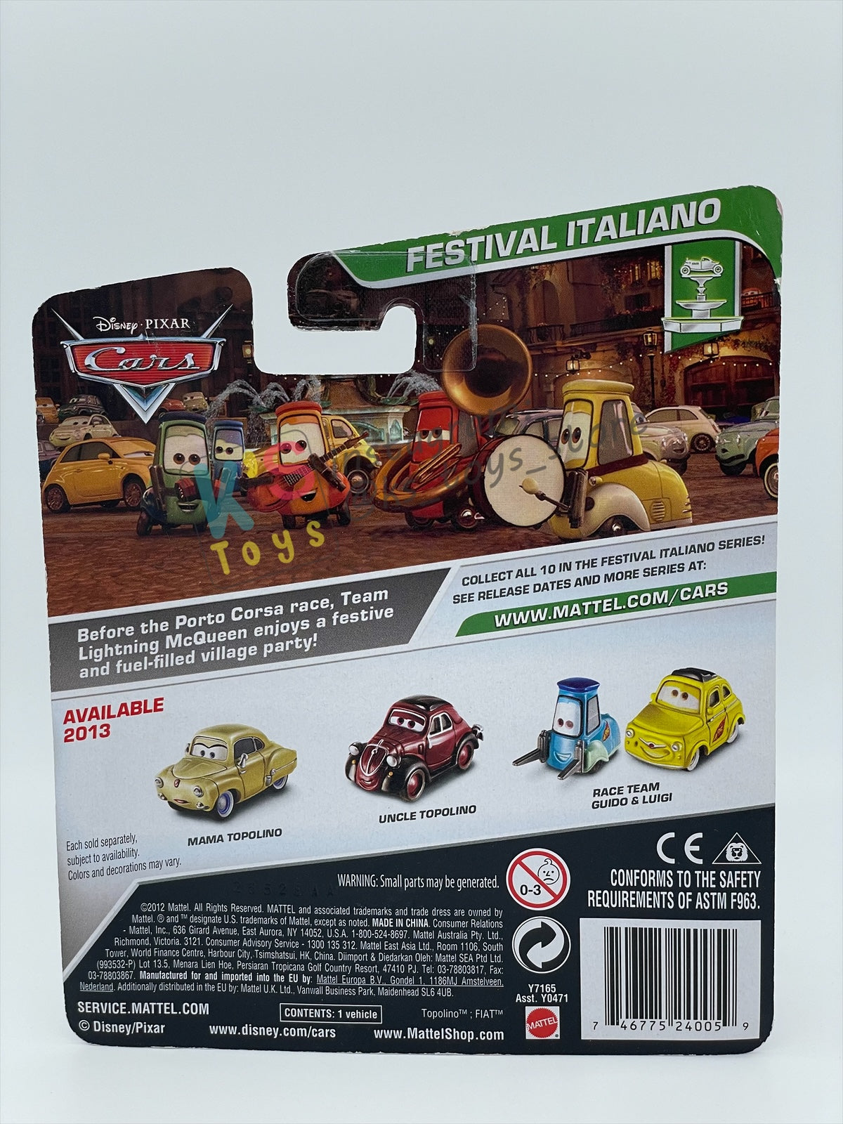 DISNEY PIXAR CARS 1:55 BY MATTEL, "UNCLE TOPOLINO" - FESTIVAL ITALIANO SERIES - BNIP