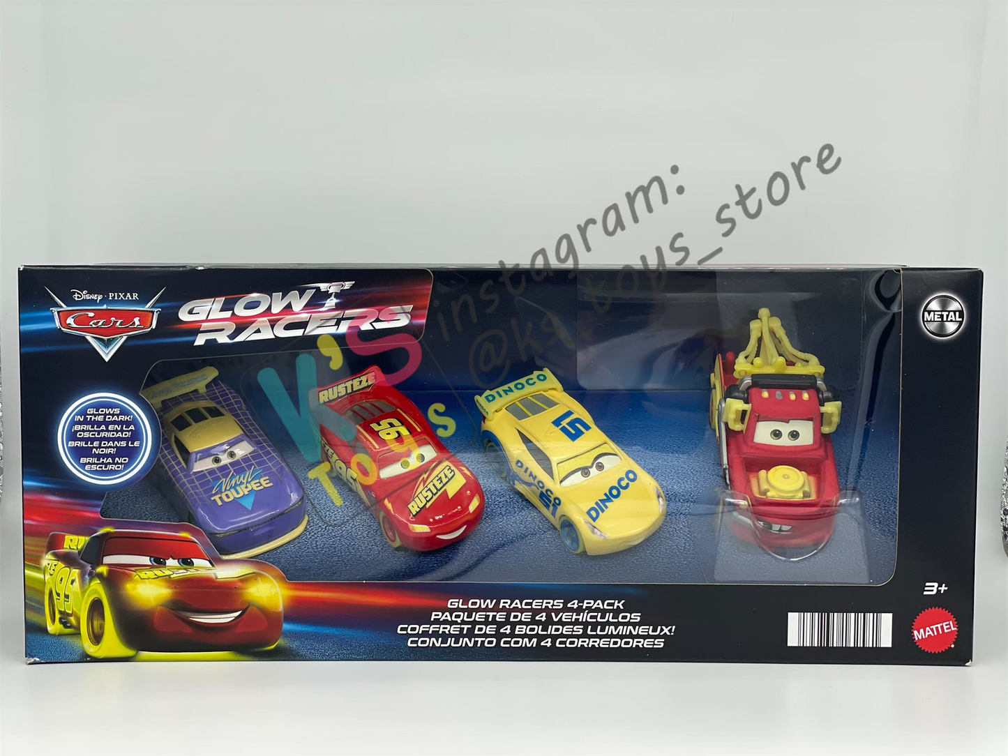GIFT SET GLOW RACERS Disney Pixar Cars by MATTEL, 4-PACK GLOW RACERS PACK; MATER, DINOCO CRUZ RAMIREZ, LIGHTNING MCQUEEN AND WILL RUSCH - NEW RELEASE 2023 - BNIP