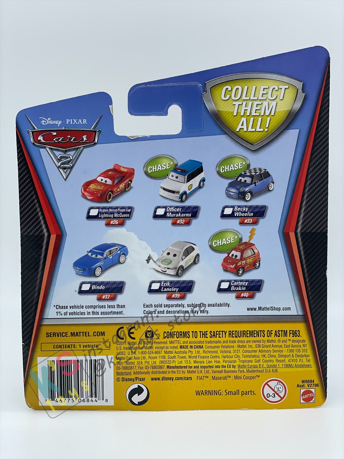 DISNEY PIXAR CARS BY MATTEL, "CARTNEY BRAKIN" CHASE CARS 2 SERIES - BNIP