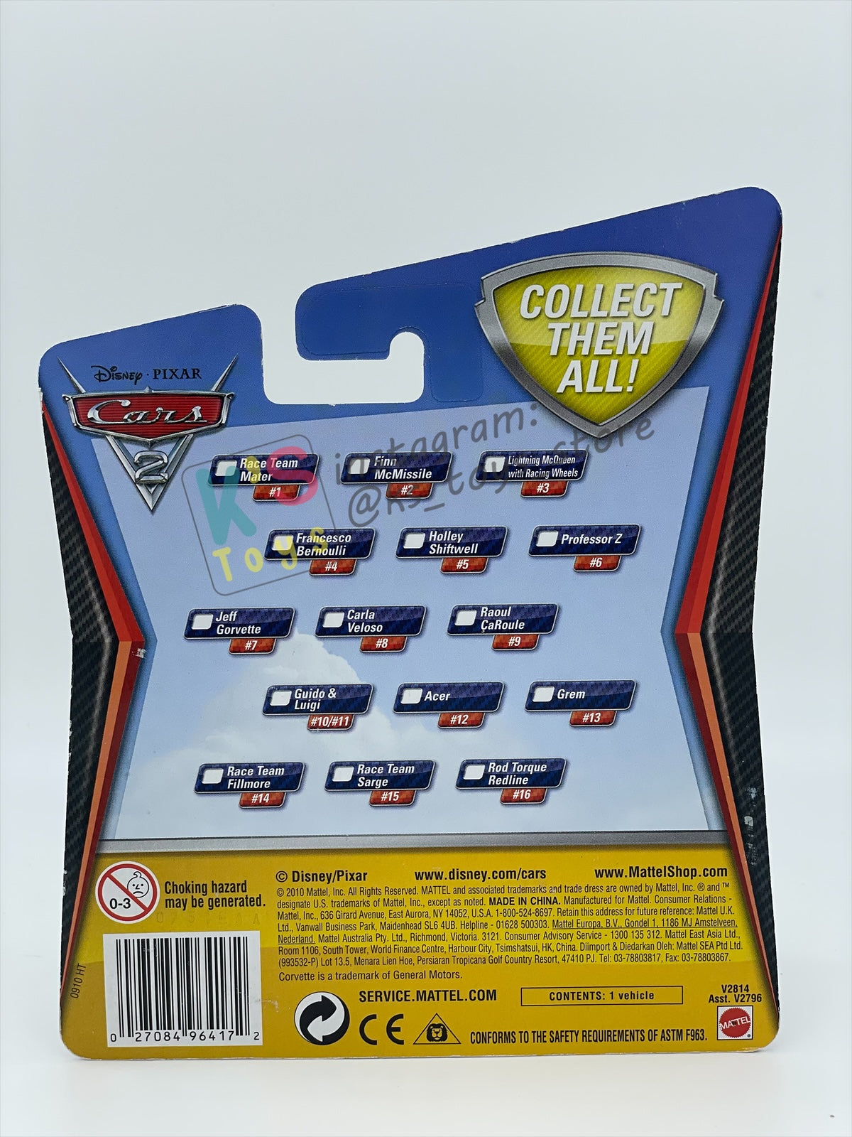 DISNEY PIXAR CARS 1:55 BY MATTEL, CARS 2 JEFF GORVETTE #7 - BNIP