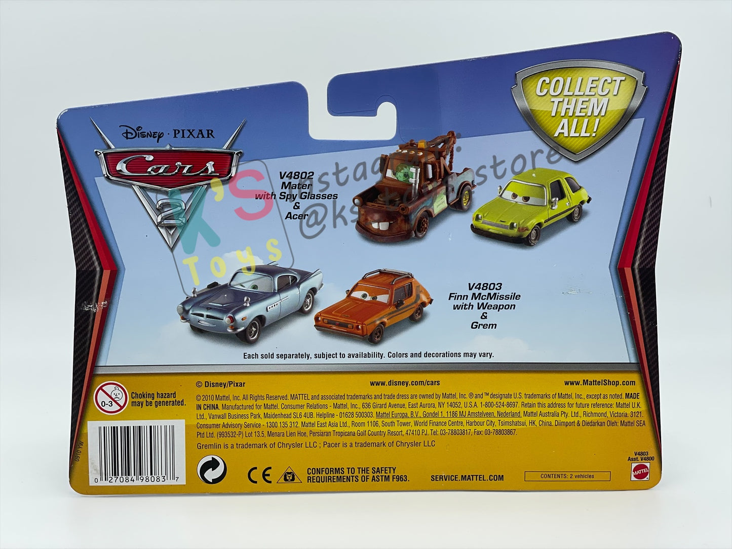 Disney Pixar Cars 1:55 by Mattel 2-Pack Cars 2, FINN MCMISSILE WITH WEAPON & GREM (WALMART VARIANT) - MATER'S SECRET MISSION SERIES - BNIP