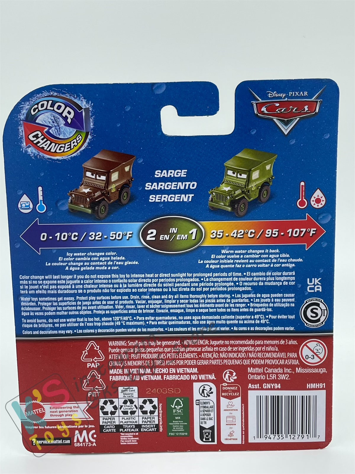 COLOR CHANGERS Disney Pixar Cars by MATTEL, SARGE (BROWN/GREEN) - 2023 RELEASE - BNIP