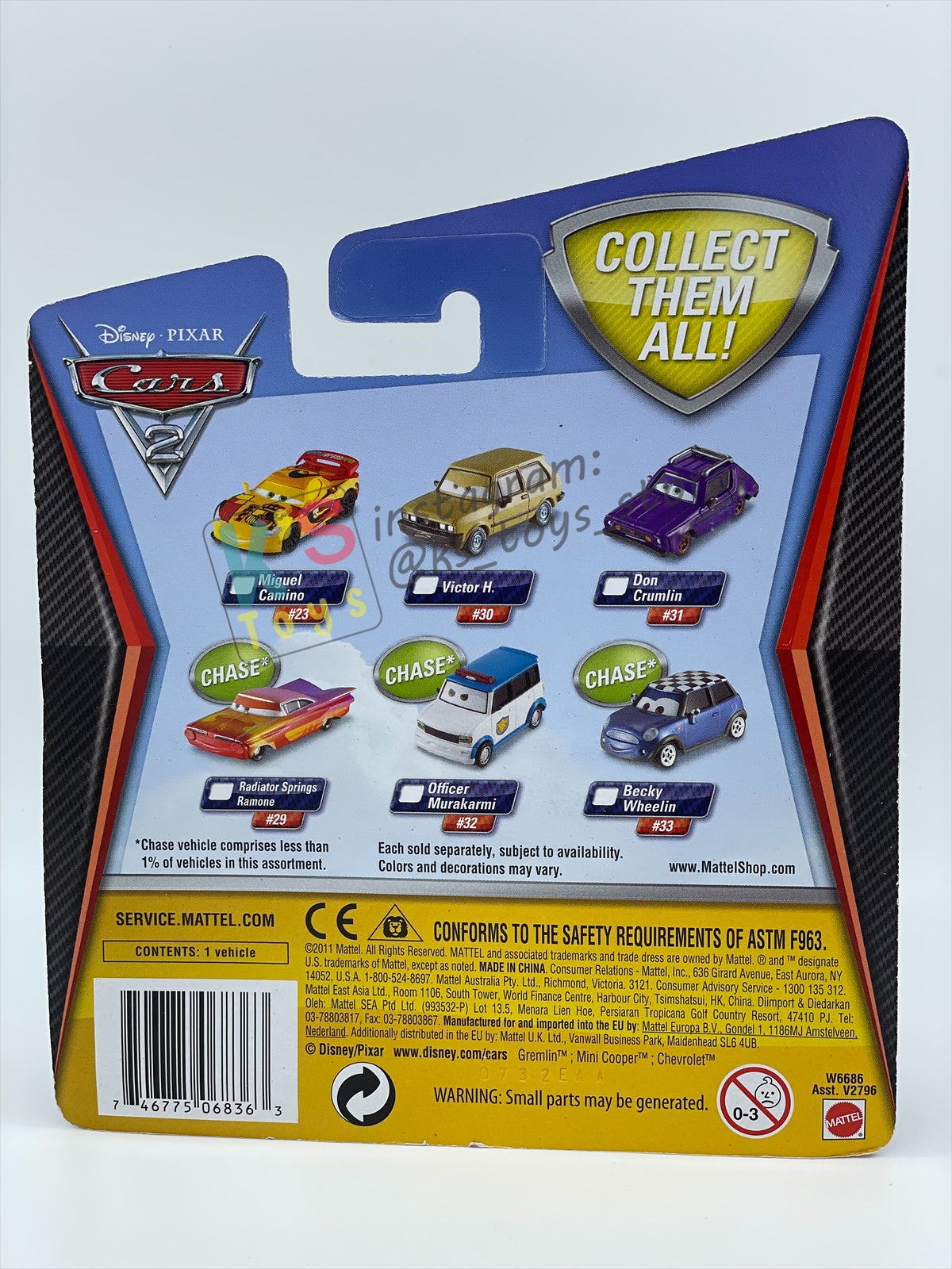 DISNEY PIXAR CARS 1:55 BY MATTEL, VICTOR HUGO - CARS 2 SERIES - BNIP