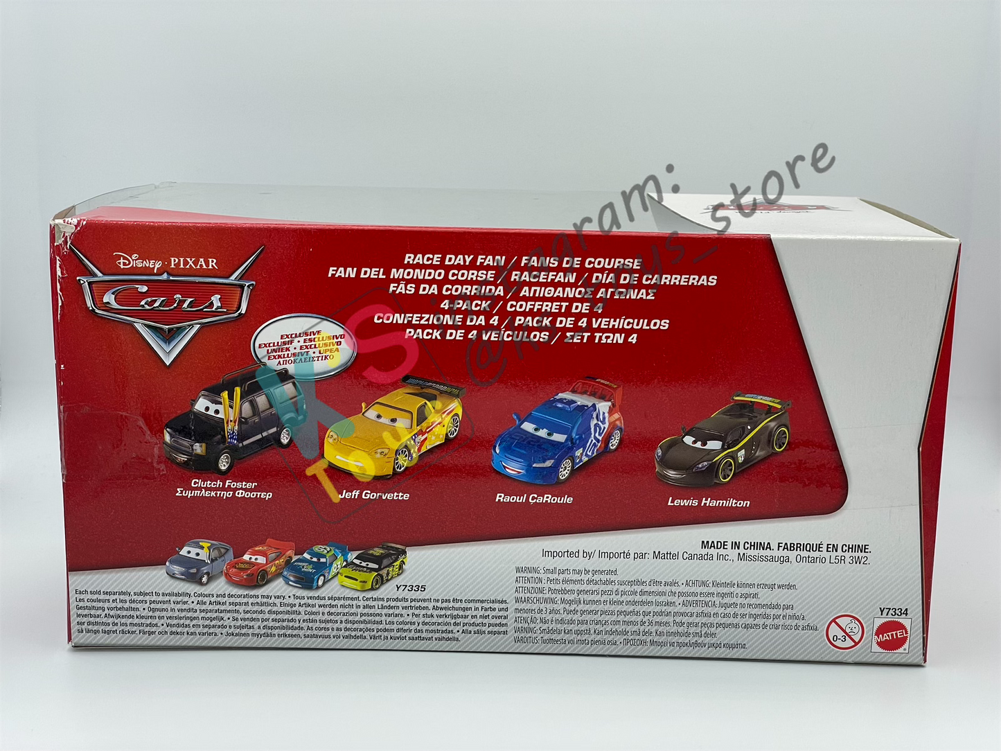 Gift Set Disney Pixar Cars 1:55 - RACE DAY FAN 4-PACK CLUTCH FOSTER, JEFF GORVETTE, RAOUL CAROULE AND LEWIS HAMILTON - BNIP