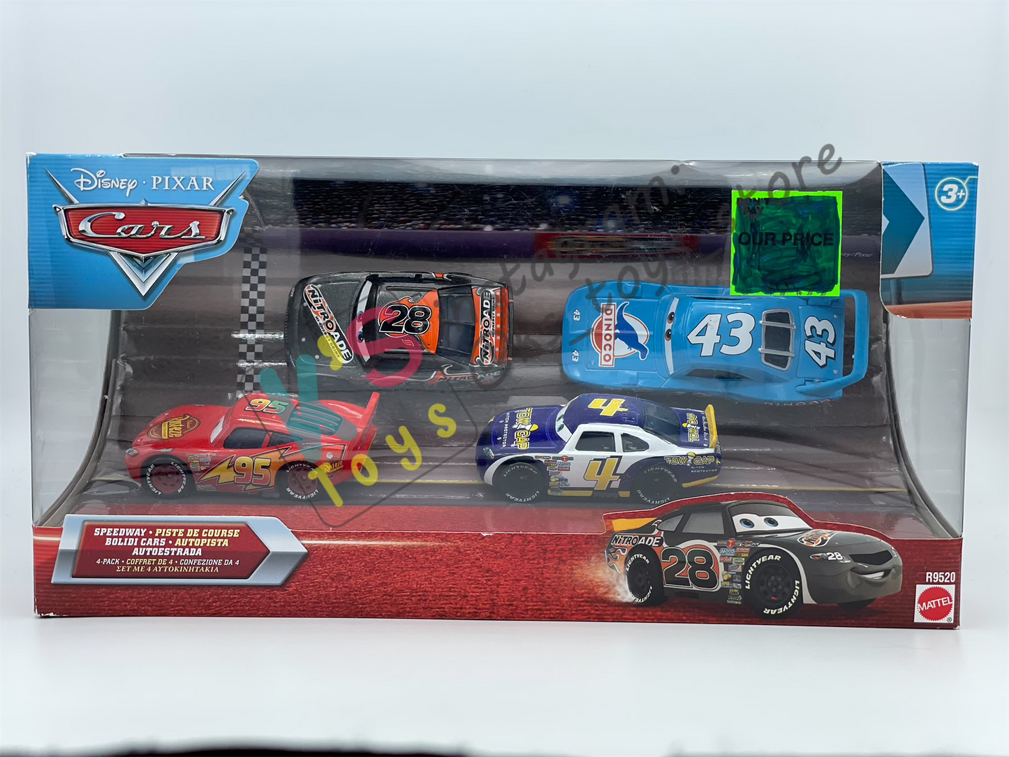 SPEEDWAY 4-PACK; LIGHTNING MCQUEEN, AIKEN AXLER; THE KING, AND RUSTY CORNFUEL - BNIP