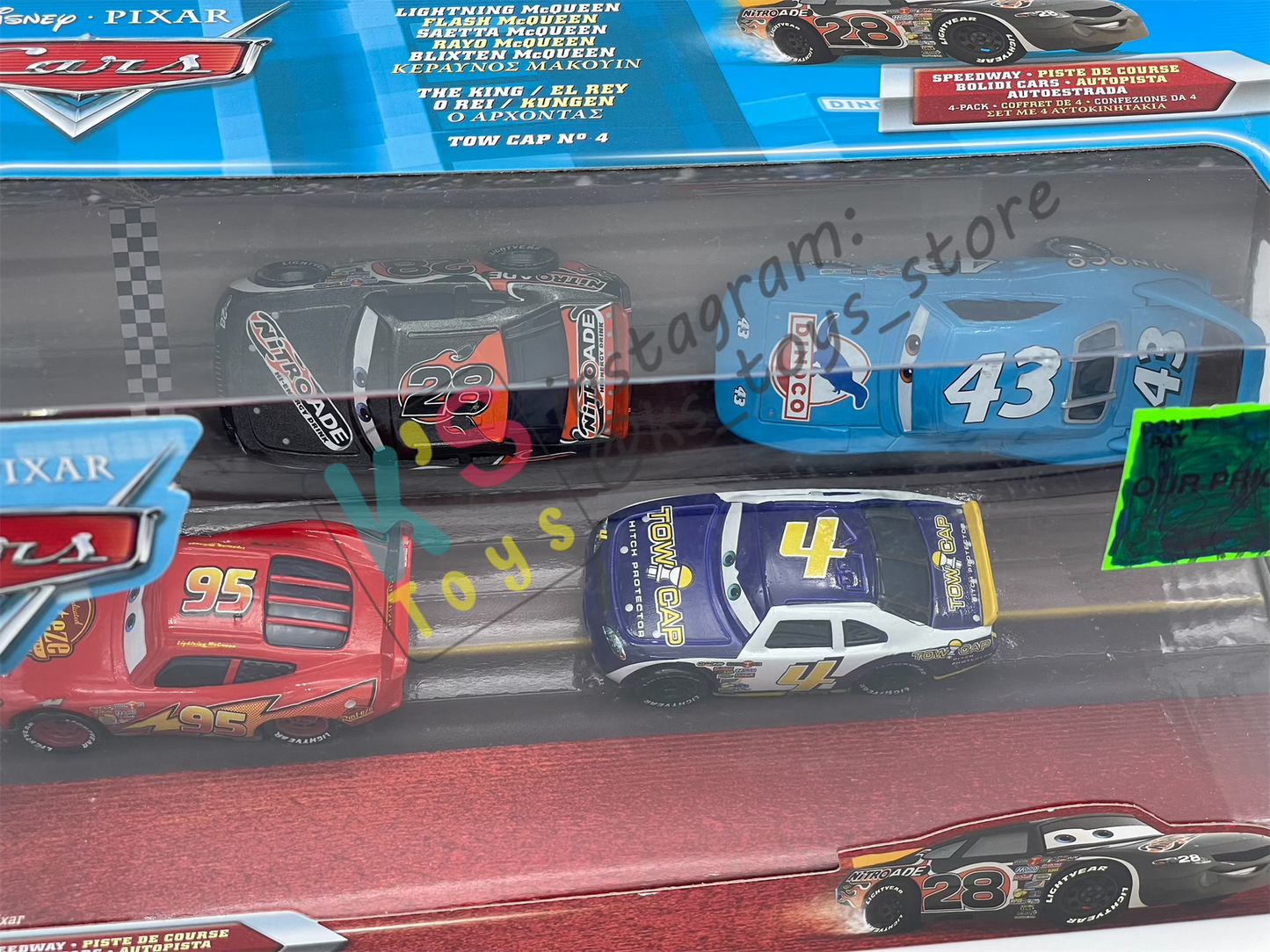 SPEEDWAY 4-PACK; LIGHTNING MCQUEEN, AIKEN AXLER; THE KING, AND RUSTY CORNFUEL - BNIP