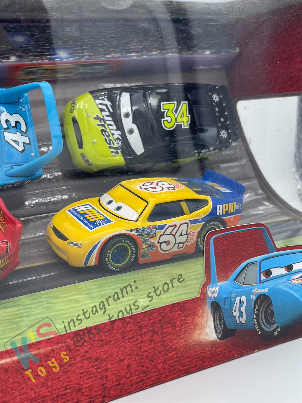 SPEEDWAY 4-PACK; LIGHTNING MCQUEEN CARS 1, THE KING, TRUNK FRESH DIRKSON D’AGOSTINO, RPM WINFORD, BRADFORD RUTHERFORD - BNIP