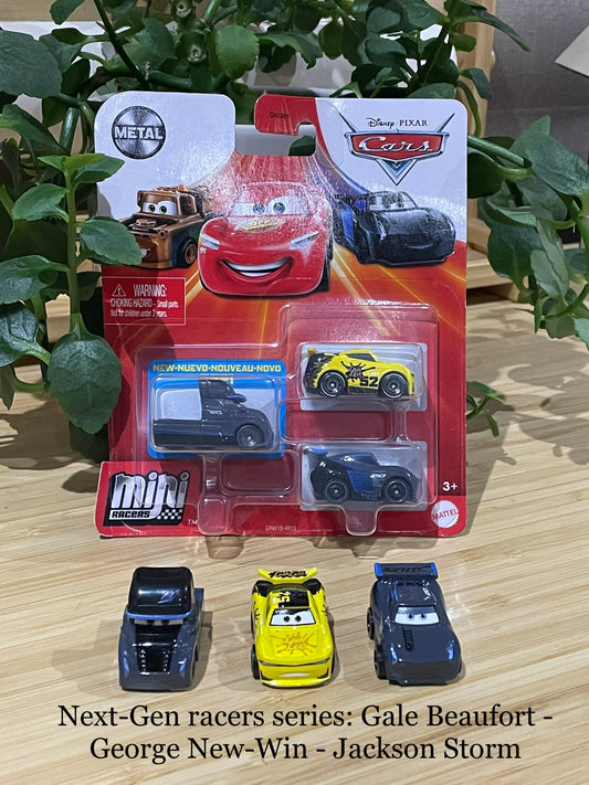 MINI RACERS DISNEY PIXAR CARS 3-PACK GALE BEAUFORT, GEORGE NEW-WIN, AND JACKSON STORM METALLIC - BNIP