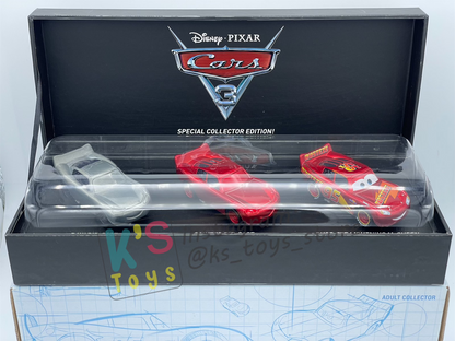 DISNEY PIXAR CARS BY MATTEL, EXCLUSIVE D23 2017 SDCC 2017 RAW LIGHTNING , PAINTED LIGHTNING AND RUST-EZE LIGHTNING MCQUEEN WITH METALLIC FINISH - BNIB