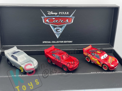 DISNEY PIXAR CARS BY MATTEL, EXCLUSIVE D23 2017 SDCC 2017 RAW LIGHTNING , PAINTED LIGHTNING AND RUST-EZE LIGHTNING MCQUEEN WITH METALLIC FINISH - BNIB
