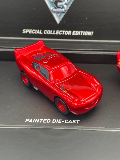 DISNEY PIXAR CARS BY MATTEL, EXCLUSIVE D23 2017 SDCC 2017 RAW LIGHTNING , PAINTED LIGHTNING AND RUST-EZE LIGHTNING MCQUEEN WITH METALLIC FINISH - BNIB