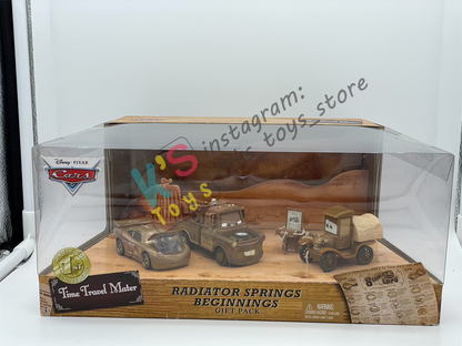 RARE DISNEY PIXAR CARS BY MATTEL, TIME TRAVEL MATER RADIATOR SPRINGS BEGINNINGS 3-PACK GIFT SET - LIGHTNING MCQUEEN, MATER AND STANLEY - BNIB
