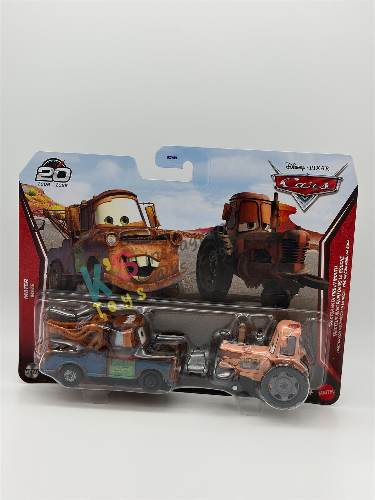 Disney Pixar Cars 1:55 by Mattel 2-Pack, MATER AND TRACTOR WITH TIRE IN MOUTH - 2026 RE-RELEASED 20TH ANNIVERSARY CARD- BNIP