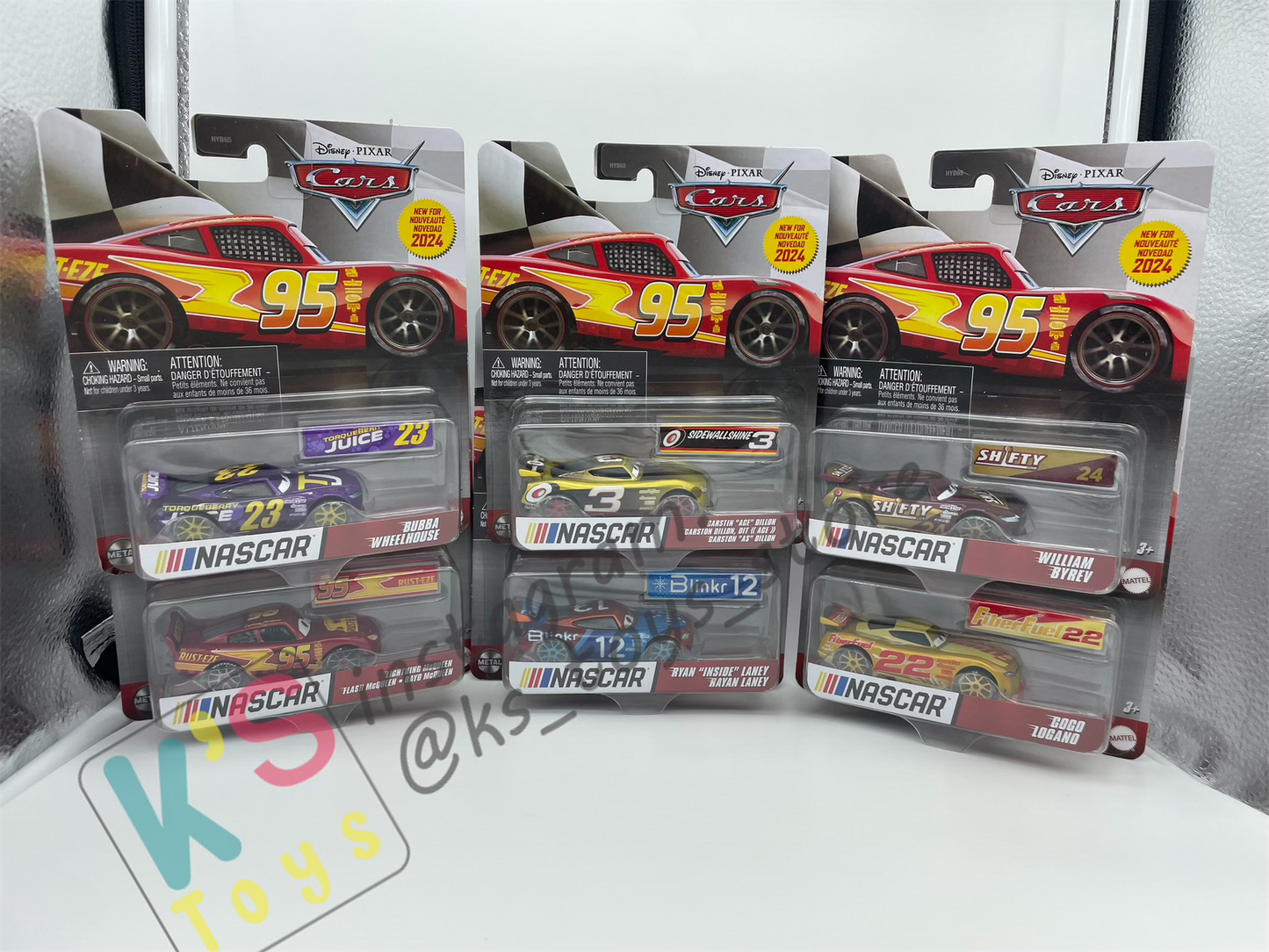 COMPLETE SET OF 6 CARS, 2024 NASCAR SERIES Disney Pixar Cars by MATTEL, LIGHTNING MCQUEEN, BUBBA WHEELHOUSE, RYAN "INSIDE" LANEY, GO GO LOGANO, WILLIAM BYREV, AND CARSTIN "ACE" DILLON - NASCAR SERIES - BNIP