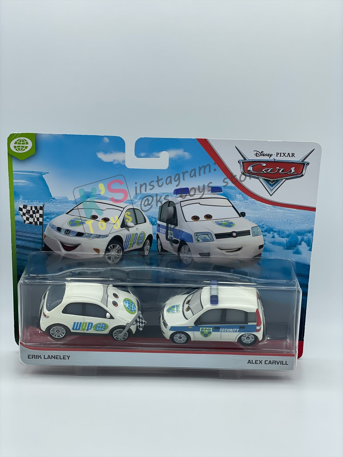Disney Pixar Cars 1:55 2-Pack by Mattel, "ERIK LANELEY & ALEX CARVILL" - WGP CARS 2 - BNIP