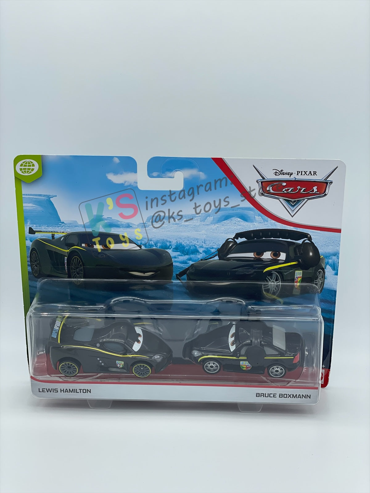 Disney Pixar Cars 1:55 2-Pack by Mattel, "LEWIS HAMILTON & BRUCE BOXMANN" - WGP CARS 2 - BNIP