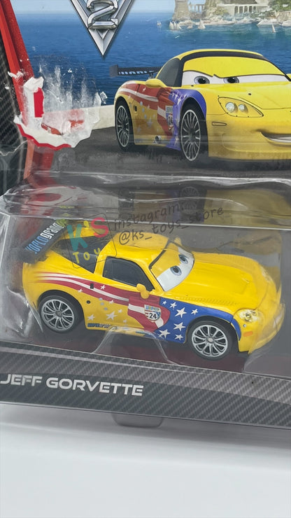 Disney Pixar Cars 1:55 2-Pack by Mattel, "JEFF GORVETTE & JOHN LASSETIRE" - WGP CARS 2 - BNIP CARD IS NOT IN MINT CONDITION!!