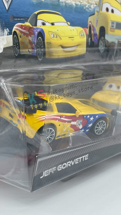Disney Pixar Cars 1:55 2-Pack by Mattel, "JEFF GORVETTE & JOHN LASSETIRE" - WGP CARS 2 - BNIP CARD IS NOT IN MINT CONDITION!!