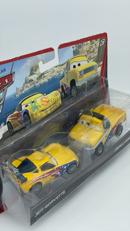 Disney Pixar Cars 1:55 2-Pack by Mattel, "JEFF GORVETTE & JOHN LASSETIRE" - WGP CARS 2 - BNIP CARD IS NOT IN MINT CONDITION!!