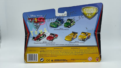 Disney Pixar Cars 1:55 2-Pack by Mattel, "JEFF GORVETTE & JOHN LASSETIRE" - WGP CARS 2 - BNIP CARD IS NOT IN MINT CONDITION!!
