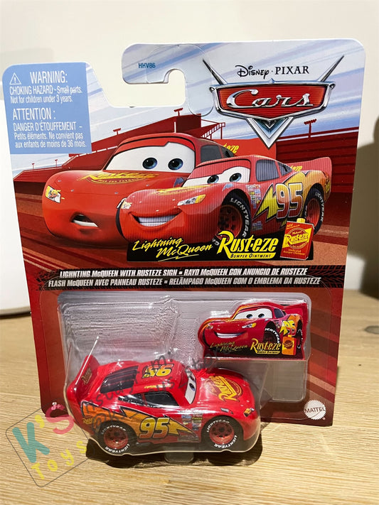 DISNEY PIXAR CARS BY MATTEL, LIGHTNING MCQUEEN WITH RUSTEZE SIGN  - 2022 RE-RELEASED - BNIP