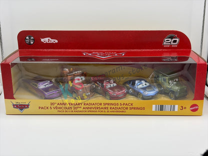 GIFT SET Disney Pixar Cars by MATTEL, EXCLUSIVE 5 PACK 20th ANNIVERSARY RADIATOR SPRINGS - RAMONE, MATER, LIGHTNING MCQUEEN, SALLY AND SARGE - BNIP