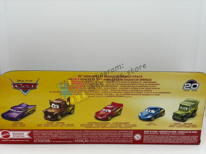 GIFT SET Disney Pixar Cars by MATTEL, EXCLUSIVE 5 PACK 20th ANNIVERSARY RADIATOR SPRINGS - RAMONE, MATER, LIGHTNING MCQUEEN, SALLY AND SARGE - BNIP