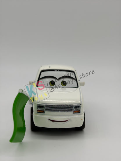 PRE-OWNED / LOOSE DISNEY PIXAR CARS BY MATTEL - "KRIS REVSTOPSKI (WITH GREEN FLAG)" - CARS 3 SERIES - GOOD CONDITION - READ DESCRIPTION!!!!!!!!!!!
