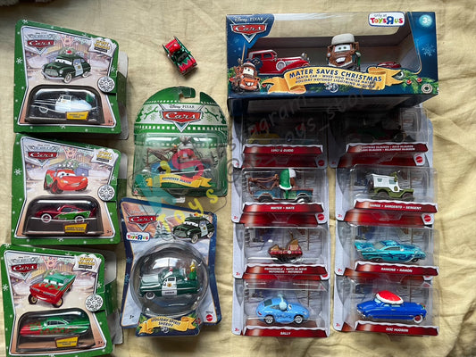 BUNDLE OF CHRISTMAS SERIES SET of Disney Pixar Cars by MATTEL, 13 pcs BNIP Single Cars, 1x #pack gift set of Santa Cars and 1x Displayed condition of Clutch Kringle - BNIP