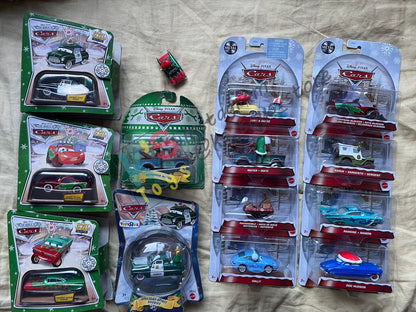 BUNDLE OF CHRISTMAS SERIES SET of Disney Pixar Cars by MATTEL, 13 pcs BNIP Single Cars, 1x #pack gift set of Santa Cars and 1x Displayed condition of Clutch Kringle - BNIP