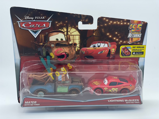 Disney Pixar Cars 1:55 by Mattel 2-Pack MATER WITH NO TIRES AND LIGHTNING MCQUEEN WITH NO TIRES - 95 RETURNS SERIES - BNIP