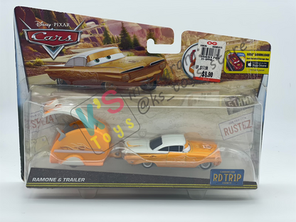 DISNEY PIXAR CARS BY MATTEL, ROAD TRIP RAMONE WITH TRAILER - ROAD TRIP SERIES - BNIP **BLISTER CRACKED
