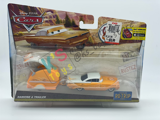 DISNEY PIXAR CARS BY MATTEL, ROAD TRIP RAMONE WITH TRAILER - ROAD TRIP SERIES - BNIP **BLISTER CRACKED