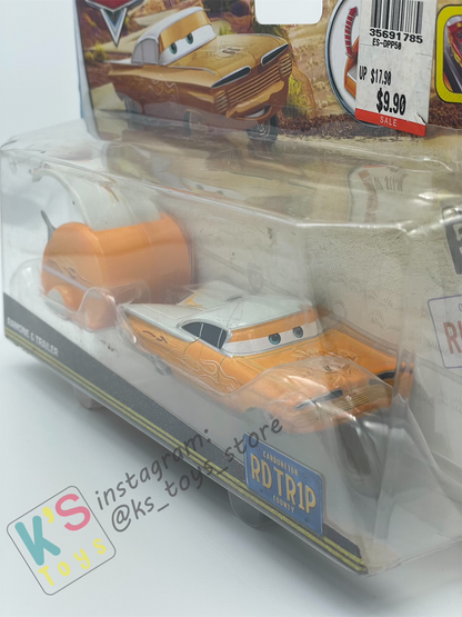 DISNEY PIXAR CARS BY MATTEL, ROAD TRIP RAMONE WITH TRAILER - ROAD TRIP SERIES - BNIP **BLISTER CRACKED