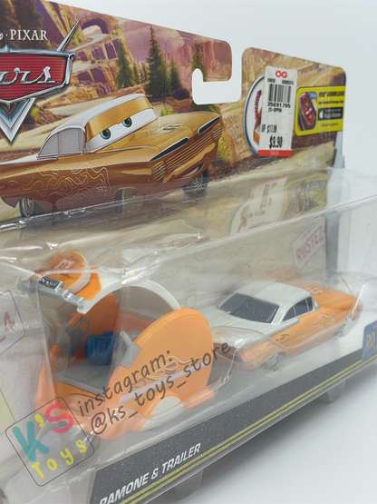 DISNEY PIXAR CARS BY MATTEL, ROAD TRIP RAMONE WITH TRAILER - ROAD TRIP SERIES - BNIP **BLISTER CRACKED
