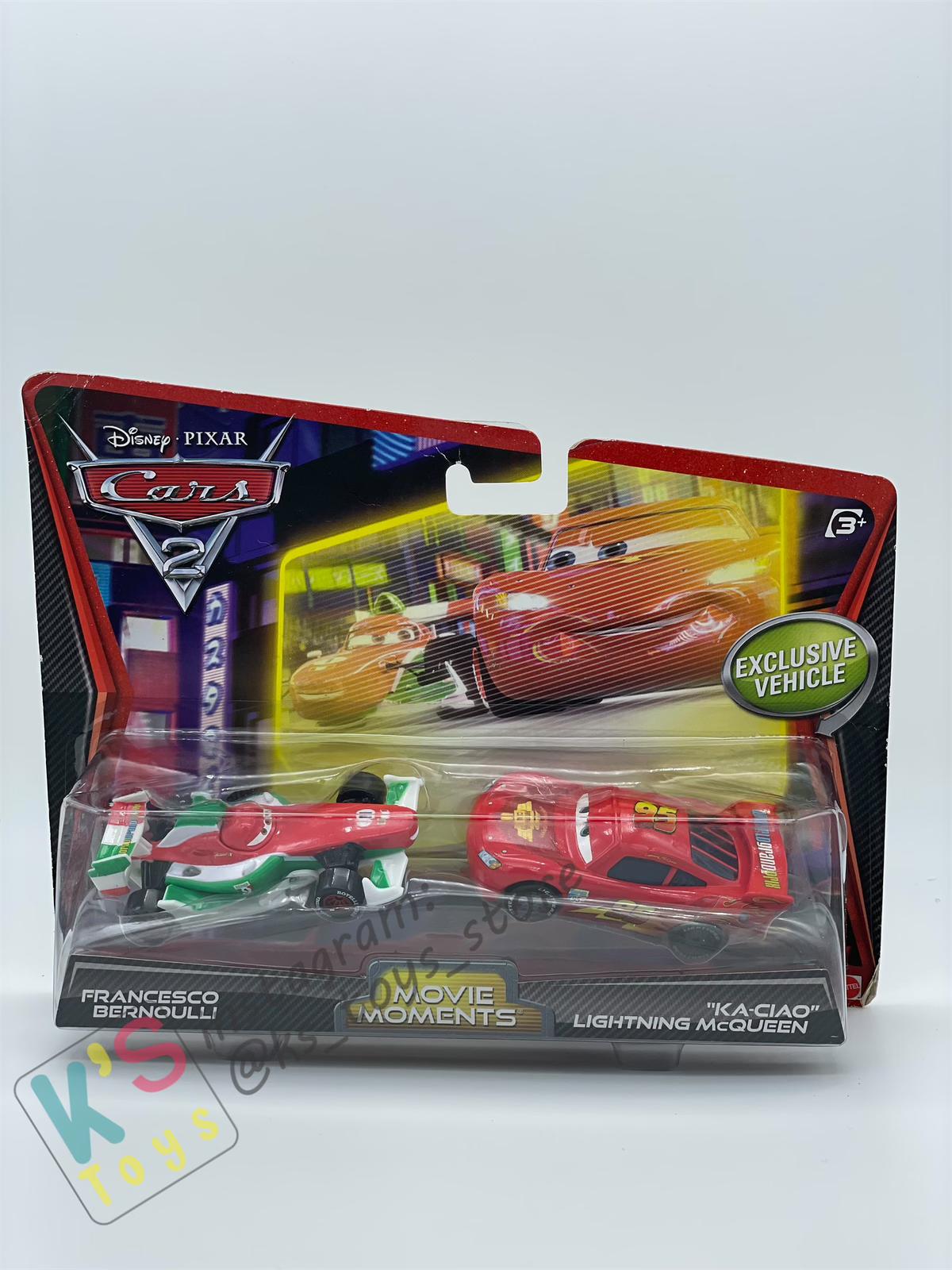 Disney Pixar Cars 1:55 by Mattel 2-Pack FRANCESCO AND KA-CIAO LIGHTNING MCQUEEN - MOVIE MOMENTS SERIES - BNIP (Blister has small dent)