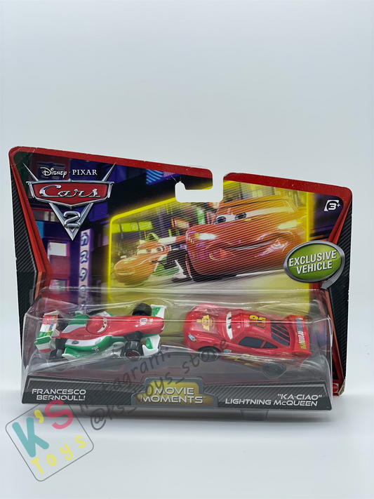 Disney Pixar Cars 1:55 by Mattel 2-Pack FRANCESCO AND KA-CIAO LIGHTNING MCQUEEN - MOVIE MOMENTS SERIES - BNIP (Blister has small dent)