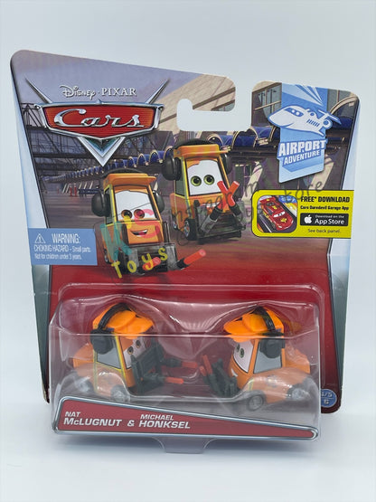 DISNEY PIXAR CARS BY MATTEL, "NAT MCLUGNUT AND MICHAEL HONKSEL" - AIRPORT ADVENTURE SERIES - BNIP