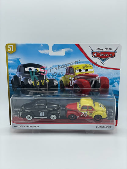 Disney Pixar Cars 1:55 2-Pack Heyday Junior Moon and Eli Turnpike, Doc's Racing Days - BNIP